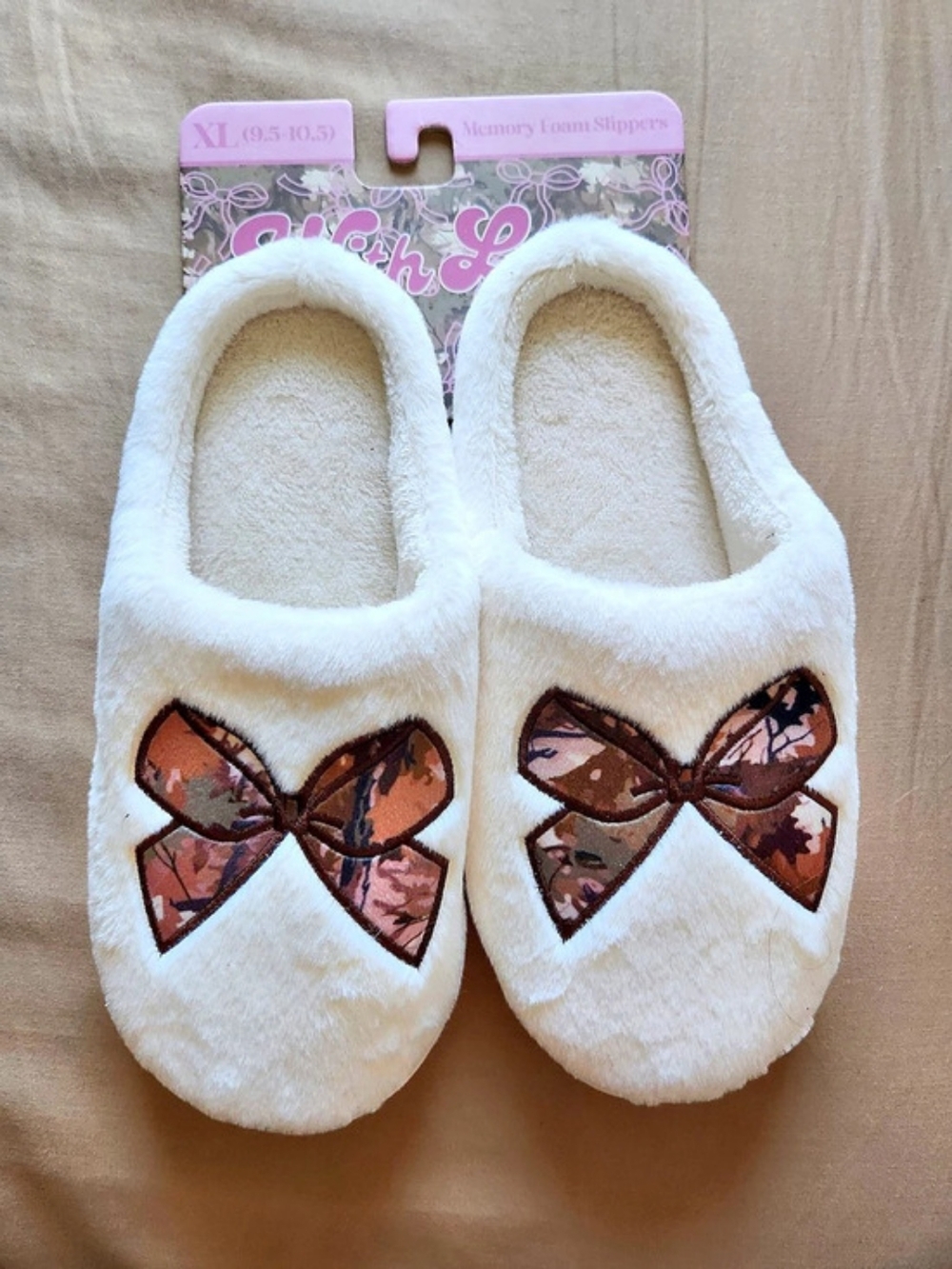 Memory Foam White Slippers With Floral Print Bow